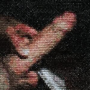 Flag Pole — original 4×4 inch hand-stitched cross-stitch in warm blush pink and terracotta on black Aida cloth, an abstract yet unmistakable upward composition with a silver-white base