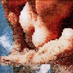 Press Defence — original 4×4 inch hand-stitched cross-stitch of two men in a swimming pool, bodies in close contact, stitched in warm terracotta, burnt orange, cream, and cool pool blue